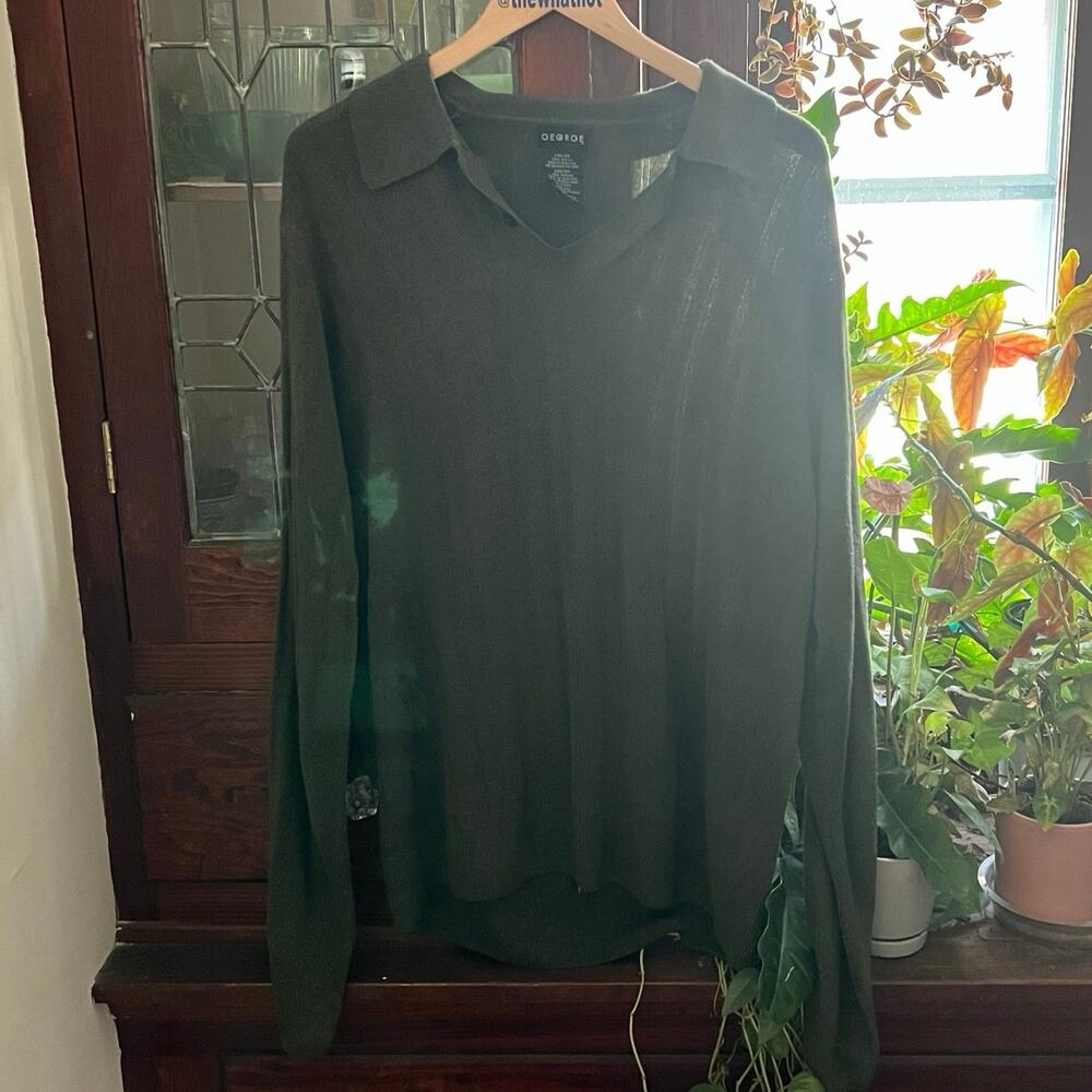 Vintage 90s Olive Button Collar Sweater Mens L Polo Cozy Minimalist - Picture 12 of 17